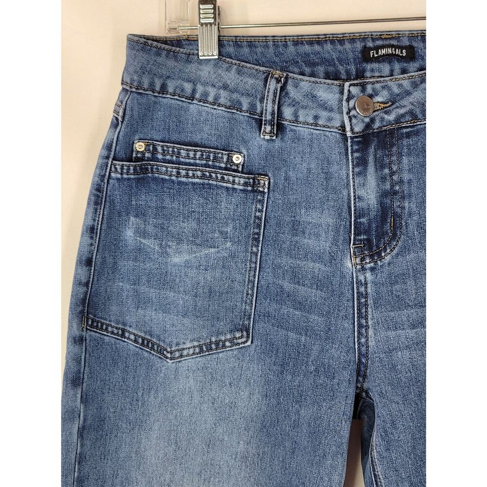 FLAMINGALS Wide Leg High Waist Front Patch Pockets Stretch Denim Jeans Size L - Picture 3 of 7